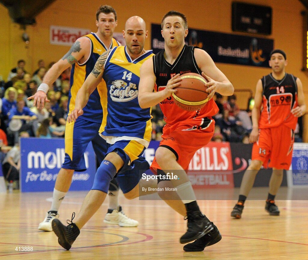 27 March 2010; Robbie Clarke, Killester, in action against Aidan Holden, UL Eagles. Nivea For Men’s Superleague Final, Killester v UL Eagles, National Basketball Arena, Tallaght, Dublin. Picture credit: Brendan Moran / SPORTSFILE
