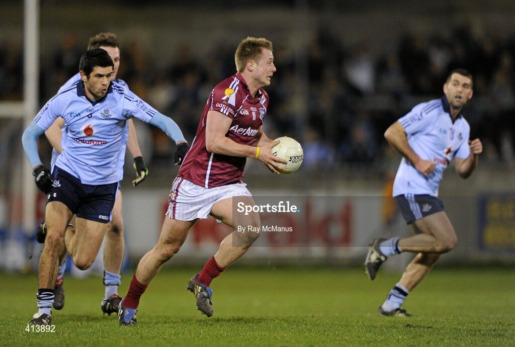 27 March 2010; Fiachra Breathnach, Galway, in action against Cian O'Sullivan, Dublin. Allianz GAA Football National League, Division 1, Round 6, Dublin v Galway, Parnell Park, Dublin. Picture credit: Ray McManus / SPORTSFILE