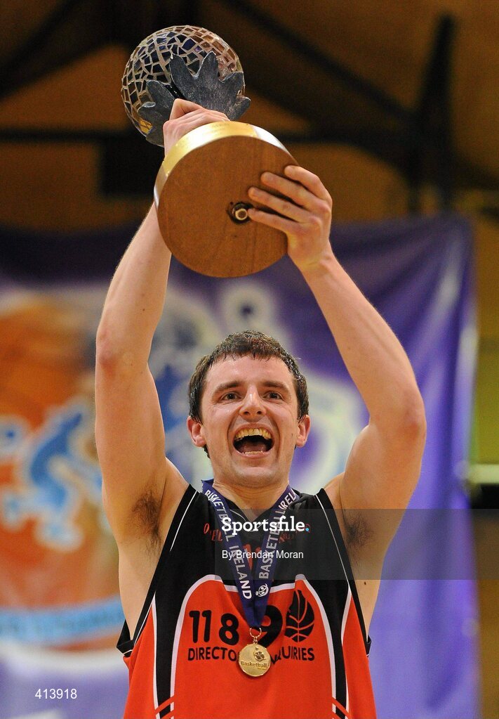 27 March 2010; Killester captain Paddy Kelly lifts the men's Superleague trophy after the game. Nivea For Men’s Superleague Final, Killester v UL Eagles, National Basketball Arena, Tallaght, Dublin. Picture credit: Brendan Moran / SPORTSFILE
