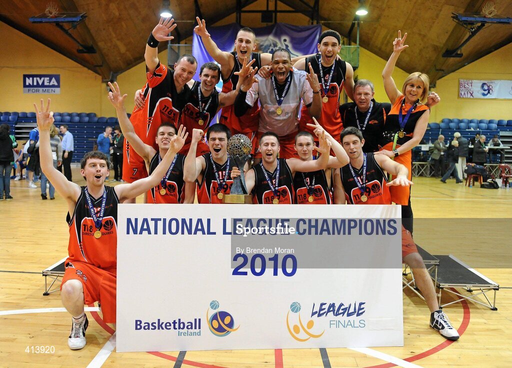 27 March 2010; The Killester team celebrate with the Men's Superleague trophy after the game. Nivea For Men’s Superleague Final, Killester v UL Eagles, National Basketball Arena, Tallaght, Dublin. Picture credit: Brendan Moran / SPORTSFILE