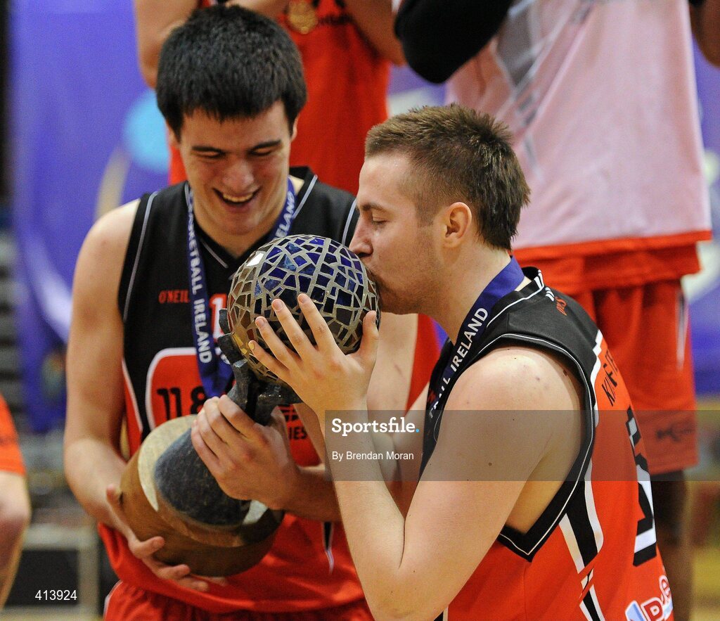 27 March 2010; Killester's Robbie Clarke kisses the Men's Superleague trophy after the game. Nivea For Men’s Superleague Final, Killester v UL Eagles, National Basketball Arena, Tallaght, Dublin. Picture credit: Brendan Moran / SPORTSFILE
