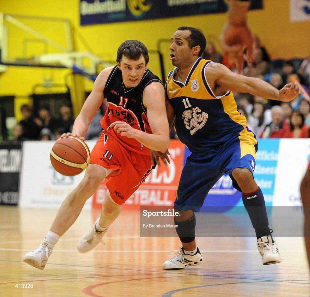 27 March 2010; Paddy Kelly, Killester, in action against Matthew Hall, UL Eagles. Nivea For Men’s Superleague Final, Killester v UL Eagles, National Basketball Arena, Tallaght, Dublin. Picture credit: Brendan Moran / SPORTSFILE