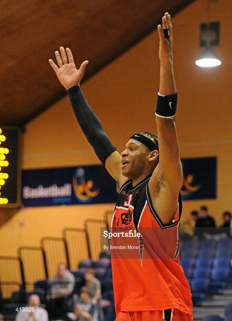 27 March 2010; Jermaine Turner, Killester, celebrates at the final buzzer. Nivea For Men’s Superleague Final, Killester v UL Eagles, National Basketball Arena, Tallaght, Dublin. Picture credit: Brendan Moran / SPORTSFILE