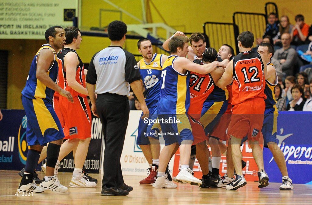 27 March 2010; Jermaine Turner, 31, Killester,gets involved in an altercation with Stuart Robbins, UL Eagles, during the 4th quarter. Nivea For Men’s Superleague Final, Killester v UL Eagles, National Basketball Arena, Tallaght, Dublin. Picture credit: Brendan Moran / SPORTSFILE