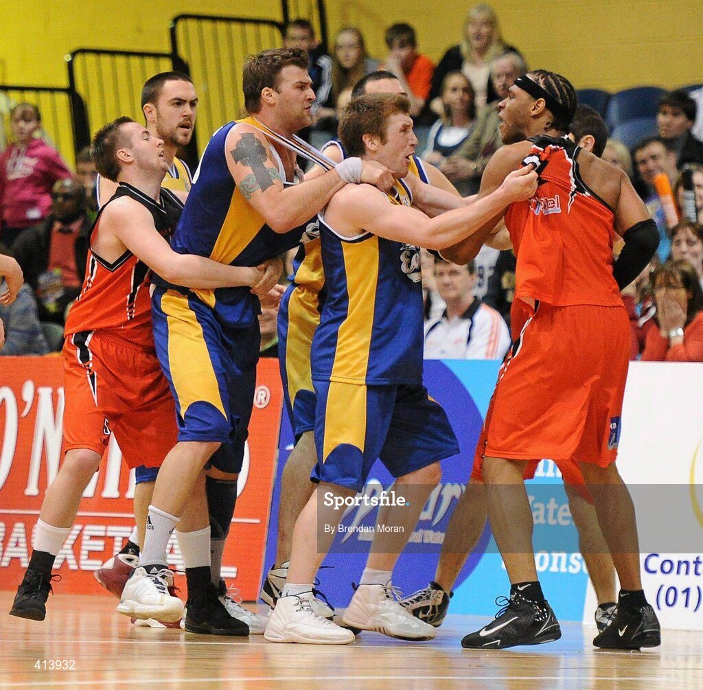 27 March 2010; Players from both sides attempt to separate Stuart Robbins, 3rd from right, UL Eagles, and Jermaine Turner, right, Killester, during the 4th quarter. Nivea For Men’s Superleague Final, Killester v UL Eagles, National Basketball Arena, Tallaght, Dublin. Picture credit: Brendan Moran / SPORTSFILE