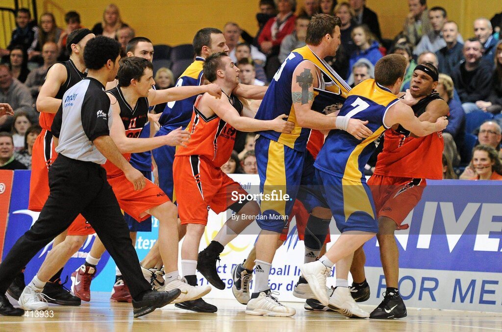 27 March 2010; Players from both sides attempt to separate Stuart Robbins, 3rd from right, UL Eagles, and Jermaine Turner, right, Killester, during the 4th quarter. Nivea For Men’s Superleague Final, Killester v UL Eagles, National Basketball Arena, Tallaght, Dublin. Picture credit: Brendan Moran / SPORTSFILE
