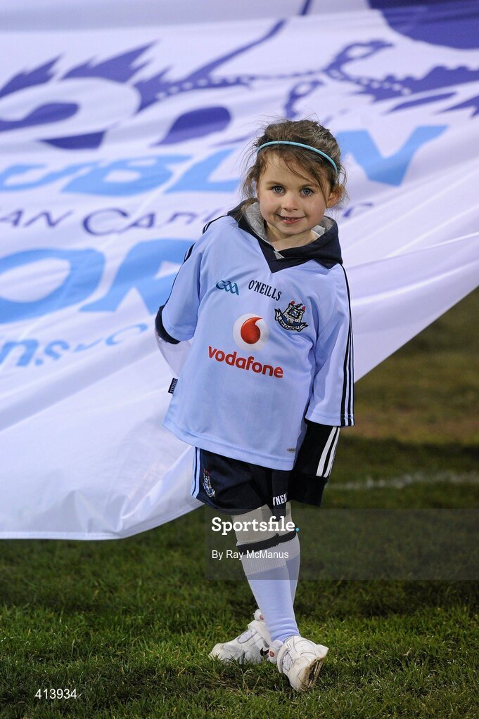 27 March 2010; Four year old Clodagh Murphy, from Beaumount, Dublin, awaits her call as a flag bearer with the group who carried the European Capital of Sport 2010 flag before the game. Allianz GAA Football National League, Division 1, Round 6, Dublin v Galway, Parnell Park, Dublin. Picture credit: Ray McManus / SPORTSFILE