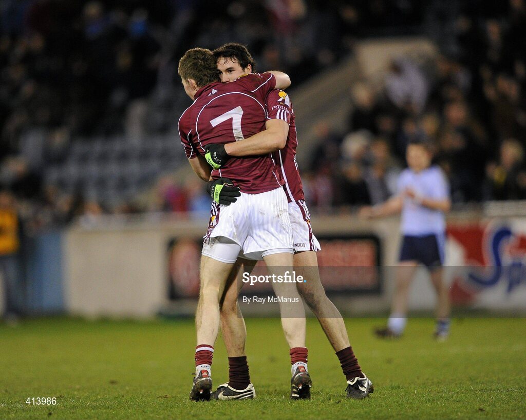 27 March 2010; Galway defenders Garreth Bradshaw, 7, and full-back Finian Hanley celebrate at the final whistle. Allianz GAA Football National League, Division 1, Round 6, Dublin v Galway, Parnell Park, Dublin. Picture credit: Ray McManus / SPORTSFILE
