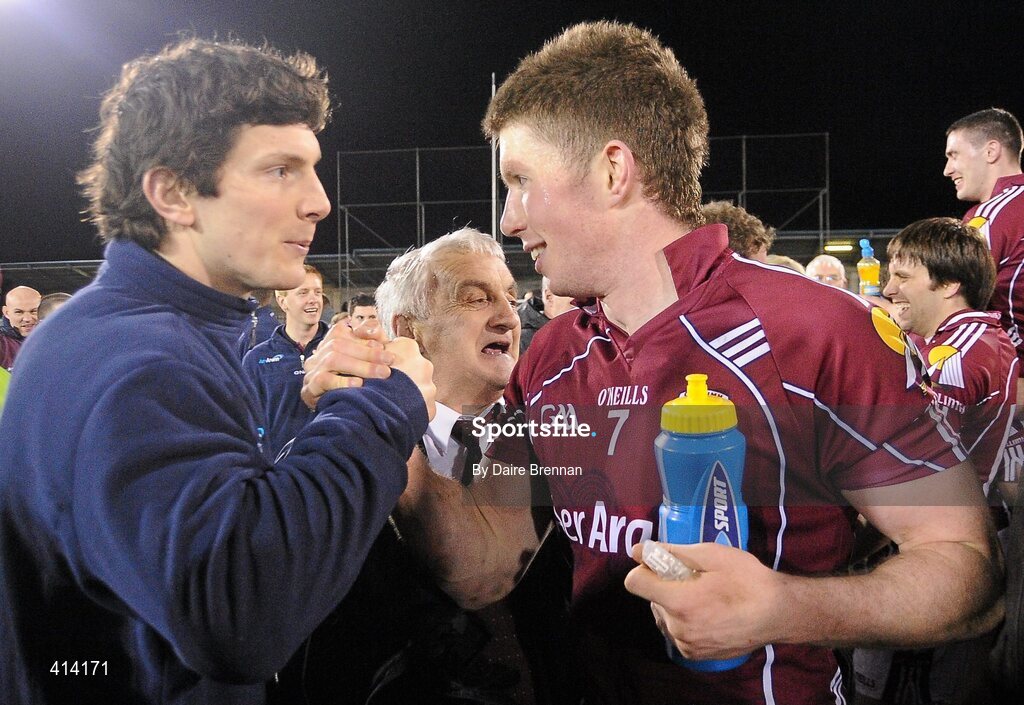 27 March 2010; Injured Galway player Michael Meehan, left, celebrates with team-mate Garreth Bradshaw after the game. Allianz GAA Football National League, Division 1, Round 6, Dublin v Galway, Parnell Park, Dublin. Picture credit: Daire Brennan / SPORTSFILE