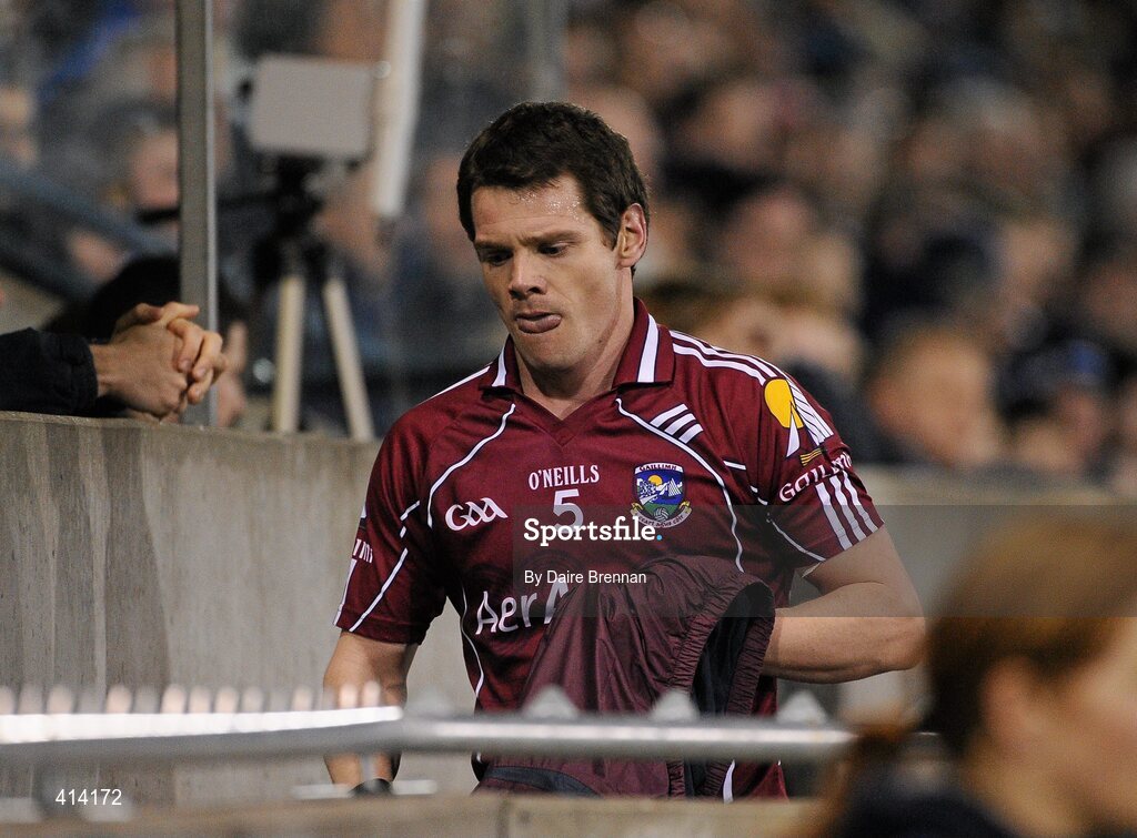 27 March 2010; Galway wing-back Declan Meehan, returns to the dugout after receiving a red card. Allianz GAA Football National League, Division 1, Round 6, Dublin v Galway, Parnell Park, Dublin. Picture credit: Daire Brennan / SPORTSFILE