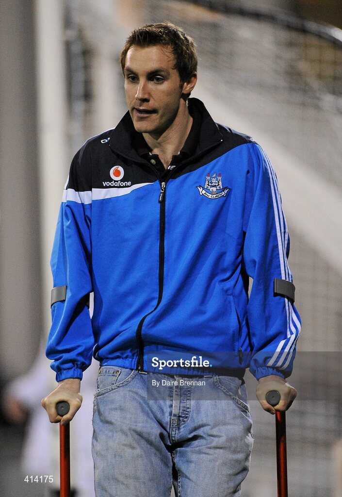 27 March 2010; Former Dublin captain Paul Griffin on crutches before the game. Paul suffered cruciate ligament damage during the Monaghan match and has been ruled out for the rest of the campaign. Allianz GAA Football National League, Division 1, Round 6, Dublin v Galway, Parnell Park, Dublin. Picture credit: Daire Brennan / SPORTSFILE