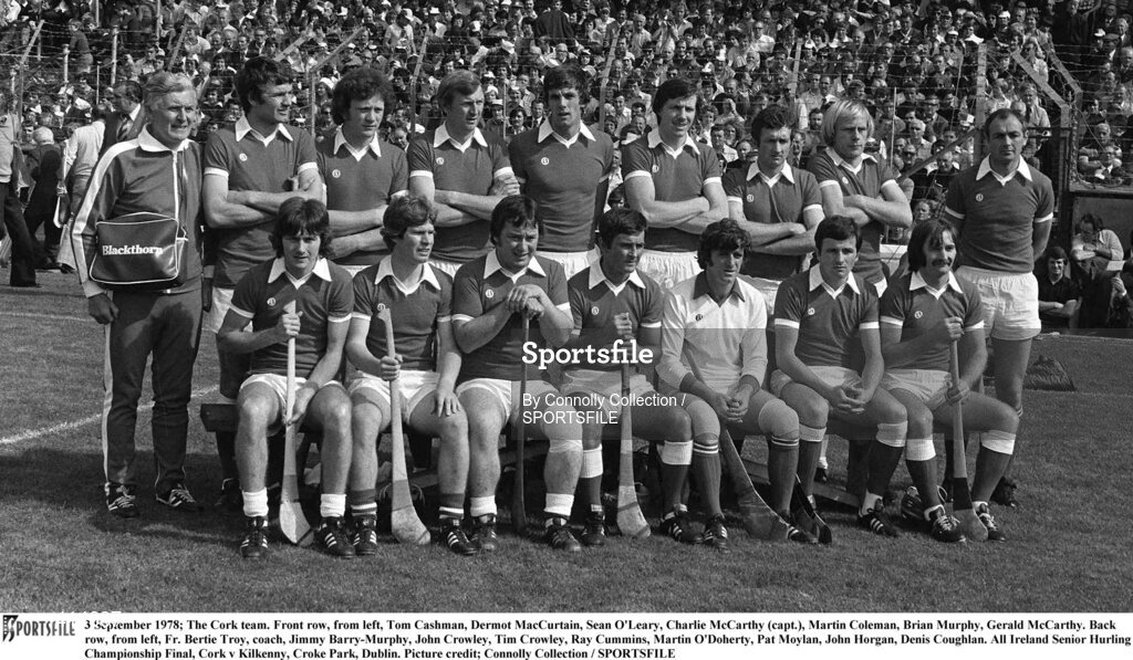 3 September 1978; The Cork team. Front row, from left, Tom Cashman, Dermot MacCurtain, Sean O'Leary, Charlie McCarthy (capt.), Martin Coleman, Brian Murphy, Gerald McCarthy. Back row, from left, Fr. Bertie Troy, coach, Jimmy Barry-Murphy, John Crowley, Tim Crowley, Ray Cummins, Martin O'Doherty, Pat Moylan, John Horgan, Denis Coughlan. All-Ireland Senior Hurling Championship Final, Cork v Kilkenny, Croke Park, Dublin. Picture credit; Connolly Collection / SPORTSFILE