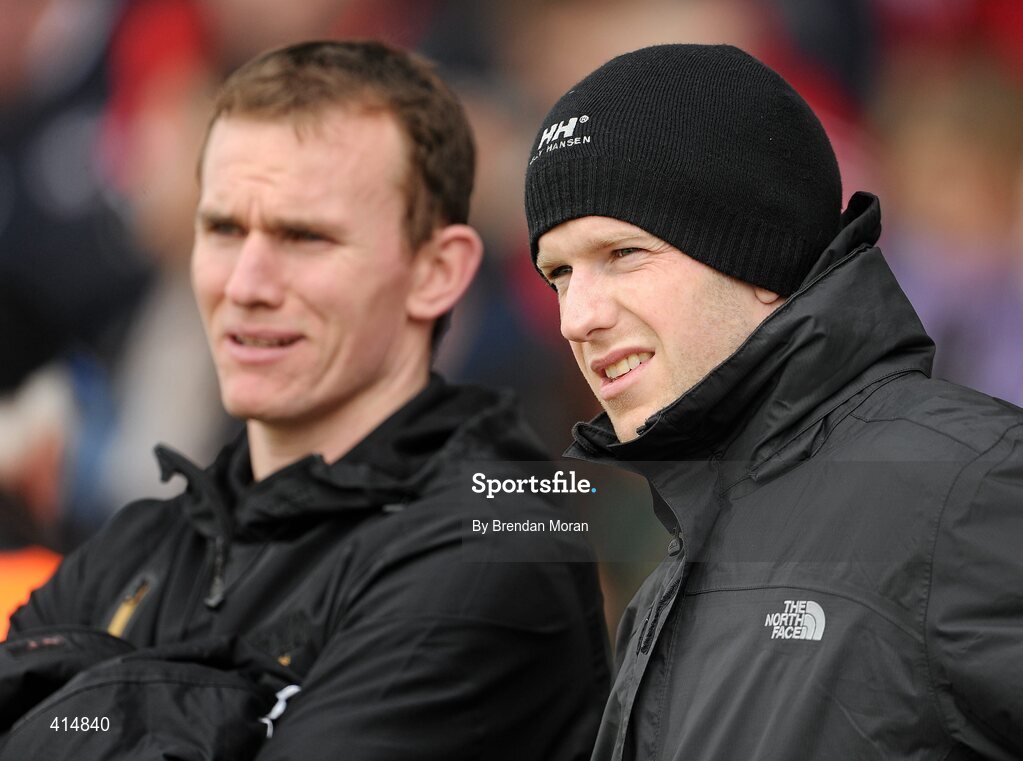 14 March 2010; Kilkenny players Noel Hickey, left, and Michael Rice watch the game from the sideline. Allianz GAA Hurling National League, Division 1, Round 3, Cork v Kilkenny, Pairc Ui Chaoimh, Cork. Picture credit: Brendan Moran / SPORTSFILE