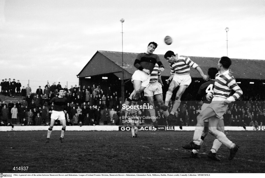 1964; A general view of the action between Shamrock Rovers and Bohemians. League of Ireland Premier Division, Shamrock Rovers v Bohemians, Glenmalure Park, Miltown, Dublin. Picture credit; Connolly Collection / SPORTSFILE