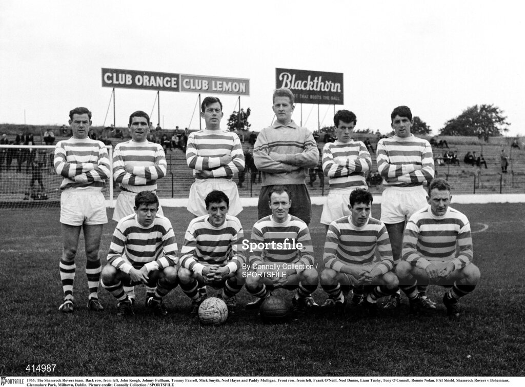 1965; The Shamrock Rovers team. Back row, from left, John Keogh, Johnny Fullam, Tommy Farrell, Mick Smyth, Noel Hayes and Paddy Mulligan. Front row, from left, Frank O'Neill, Noel Dunne, Liam Tuohy, Tony O'Connell, Ronnie Nolan. FAI Shield, Shamrock Rovers v Bohemians, Glenmalure Park, Miltown, Dublin. Picture credit; Connolly Collection / SPORTSFILE
