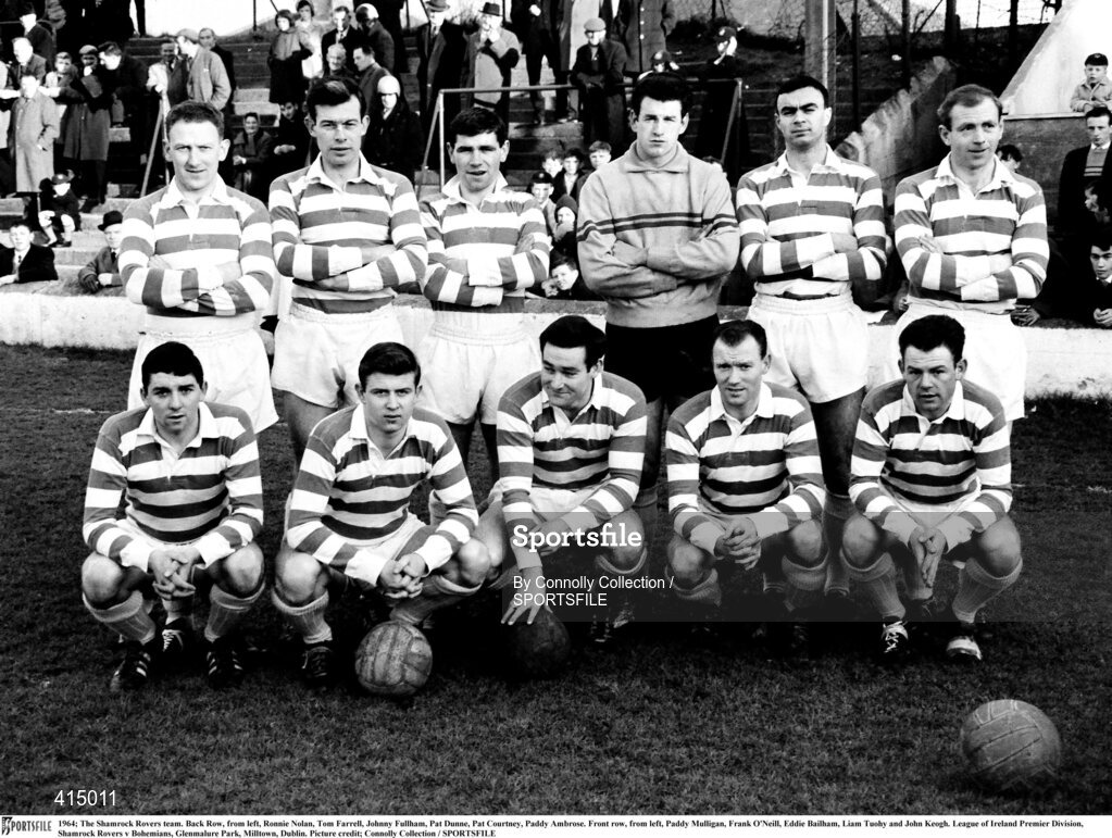 1964; The Shamrock Rovers team. Back Row, from left, Ronnie Nolan, Tom Farrell, Johnny Fullham, Pat Dunne, Pat Courtney, Paddy Ambrose. Front row, from left, Paddy Mulligan, Frank O'Neill, Eddie Bailham, Liam Tuohy and John Keogh. League of Ireland Premier Division, Shamrock Rovers v Bohemians, Glenmalure Park, Miltown, Dublin. Picture credit; Connolly Collection / SPORTSFILE