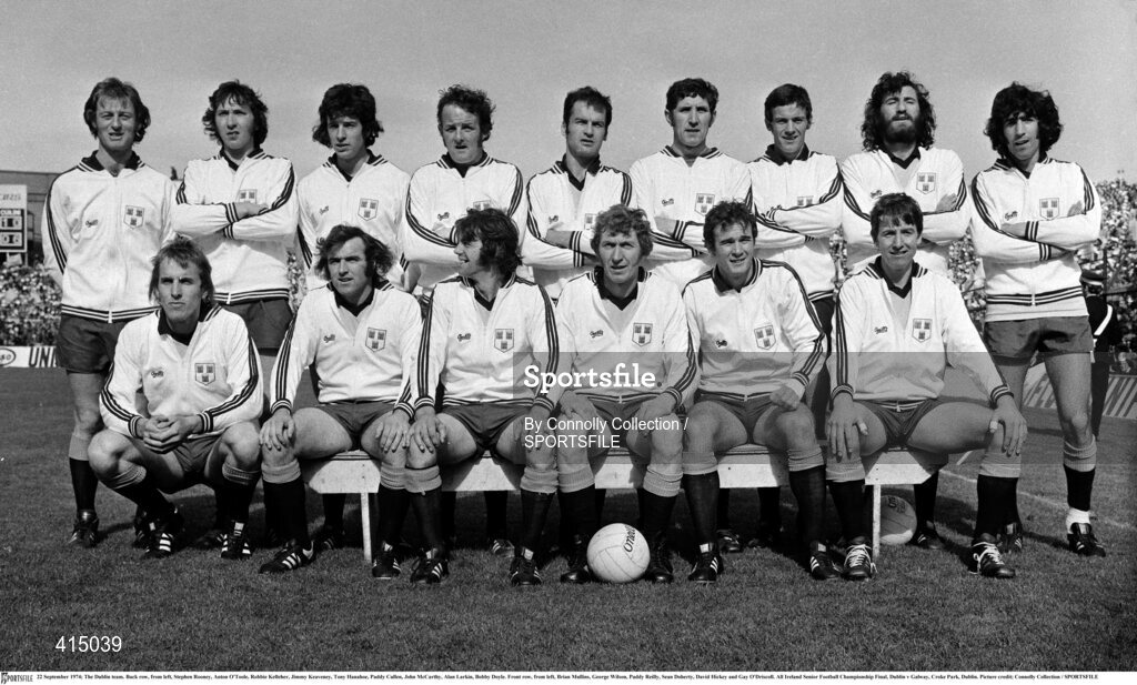 22 September 1974; The Dublin team. Back row, from left, Stephen Rooney, Anton O'Toole, Robbie Kelleher, Jimmy Keaveney, Tony Hanahoe, Paddy Cullen, John McCarthy, Alan Larkin, Bobby Doyle. Front row, from left, Brian Mullins, George Wilson, Paddy Reilly, Sean Doherty, David Hickey and Gay O'Driscoll. All Ireland Senior Football Championship Final, Dublin v Galway, Croke Park, Dublin. Picture credit; Connolly Collection / SPORTSFILE