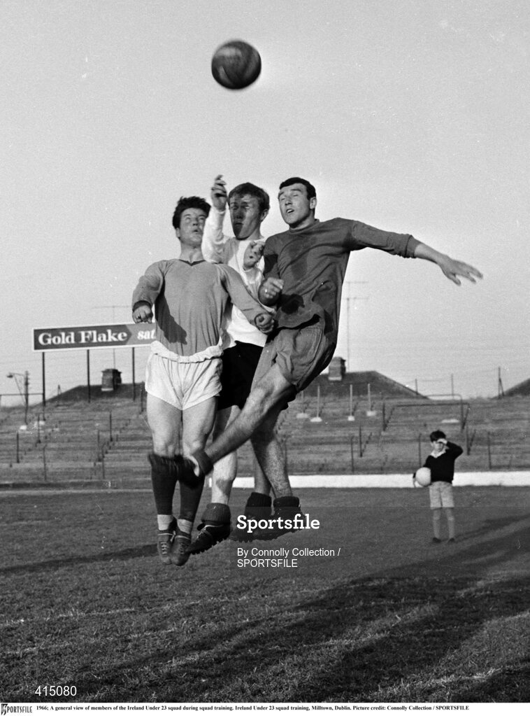 June 1966; Members of the Ireland Under 23 squad during squad training including from left, Joe McGrath, Eamonn Rogers and Pat Morrissey. Ireland Under 23 squad training, Milltown, Dublin. Picture credit: Connolly Collection / Sportsfile