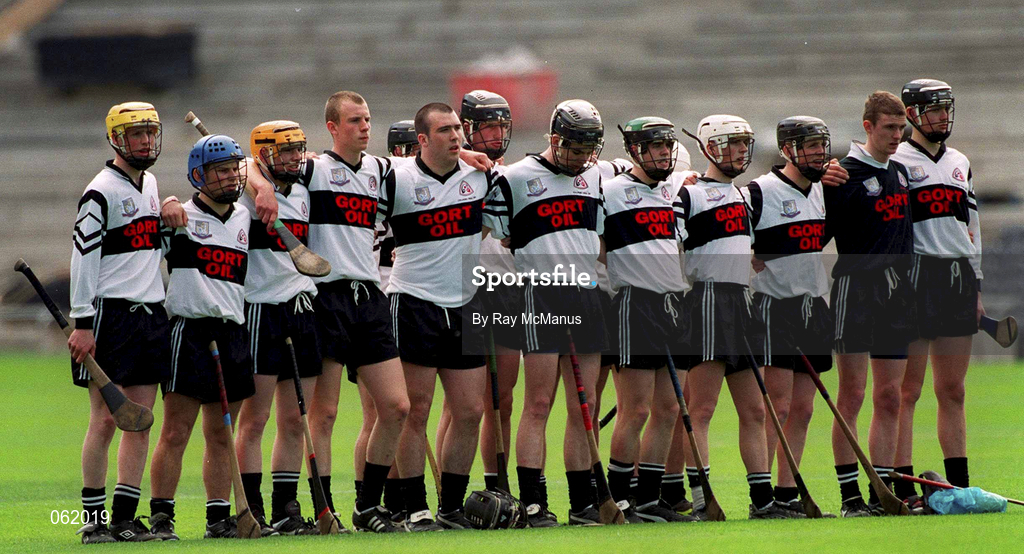 5 May 2001; The Gort Community School team stand together for the national anthem ahead of the All-Ireland Colleges Senior 'A' Hurling Final match between Gort Community School and St Colman's at Croke Park in Dublin. Photo by Ray McManus/Sportsfile