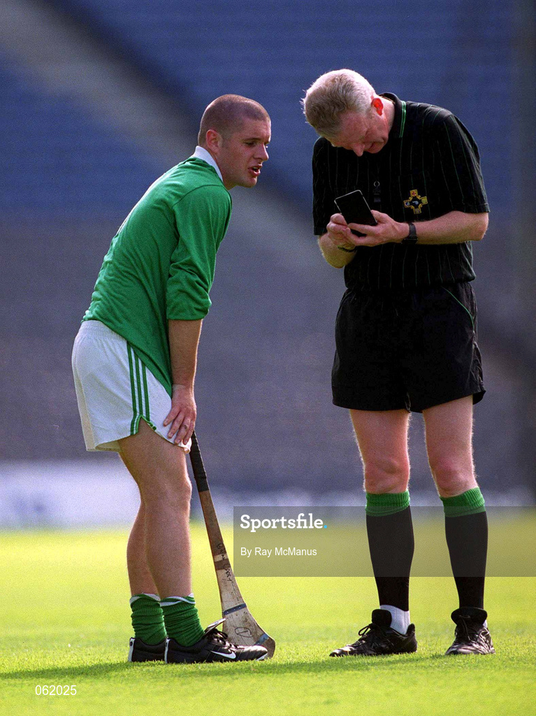 5 May 2001; Brian Carey of St Colman's is booked by referee Pat Aherne during the All-Ireland Colleges Senior 'A' Hurling Final match between Gort Community School and St Colman's at Croke Park in Dublin. Photo by Ray McManus/Sportsfile