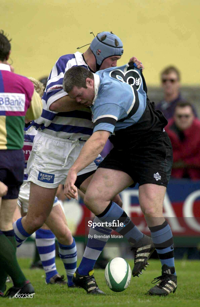 19 May 2001; Peter Bracken of Galwegians contests a loose ball with Aidan Kearney of Dungannon during the AIB All-Ireland League Division 1 Semi-Final match between Dungannon RFC and Galwegians RFC at Crowley Park in Glenina, Galway. Photo by Brendan Moran/Sportsfile