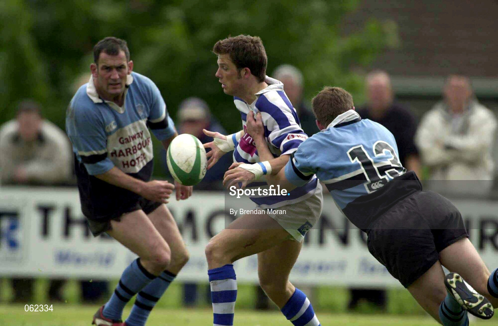 19 May 2001; Jan Cunningham of Dungannon is tackled by Pat Duignan, 13, of Galwegians during the AIB All-Ireland League Division 1 Semi-Final match between Dungannon RFC and Galwegians RFC at Crowley Park in Glenina, Galway. Photo by Brendan Moran/Sportsfile