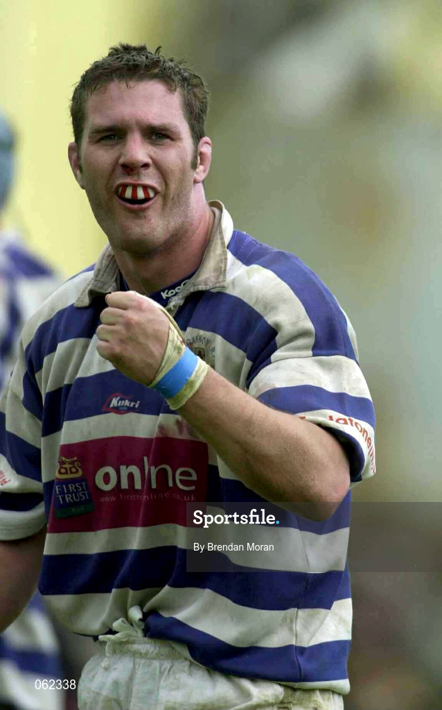 19 May 2001; Man of the Match Tony McWhirter of Dungannon celebrates victory over Galwegians at the final whistle of the AIB All-Ireland League Division 1 Semi-Final match between Dungannon RFC and Galwegians RFC at Crowley Park in Glenina, Galway. Photo by Brendan Moran/Sportsfile
