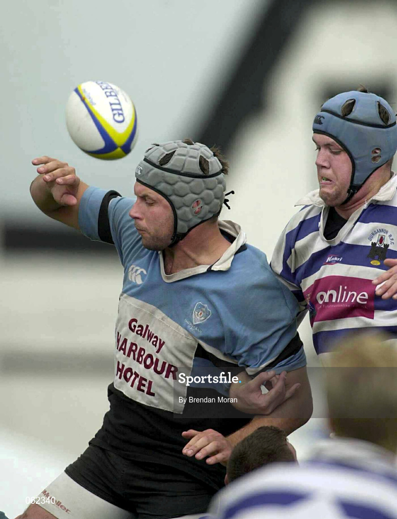 19 May 2001; Mark McConnell of Galwegians, competes in the line-out with Aidan Kearney of Dungannon during the AIB All-Ireland League Division 1 Semi-Final match between Dungannon RFC and Galwegians RFC at Crowley Park in Glenina, Galway. Photo by Brendan Moran/Sportsfile