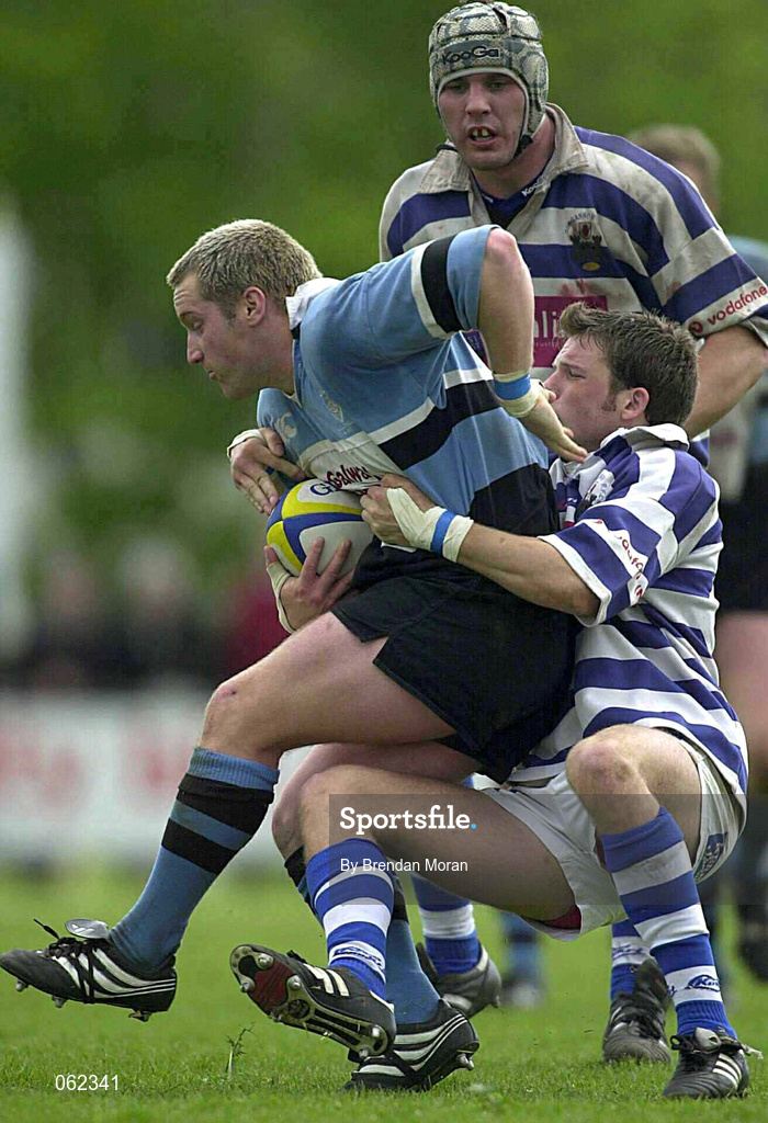 19 May 2001; Bryan Shelbourne of Galwegians is tackled by Bryn Cunningham of Dungannon during the AIB All-Ireland League Division 1 Semi-Final match between Dungannon RFC and Galwegians RFC at Crowley Park in Glenina, Galway. Photo by Brendan Moran/Sportsfile