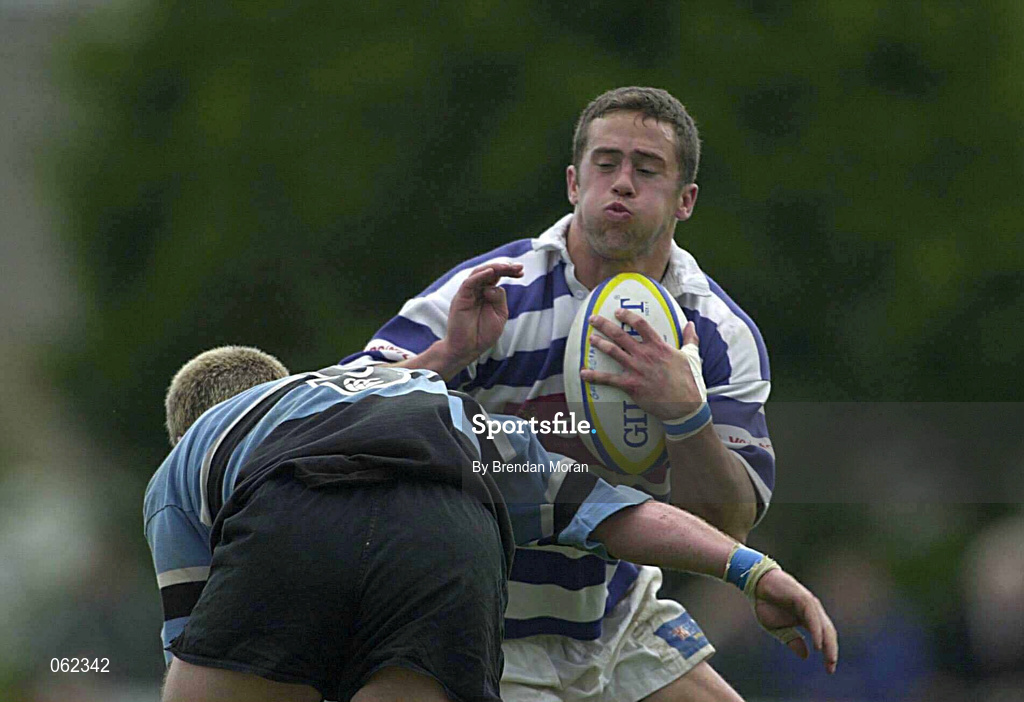 19 May 2001; Jan Cunningham of Dungannon is tackled by Bryan Shelbourne of Galwegians during the AIB All-Ireland League Division 1 Semi-Final match between Dungannon RFC and Galwegians RFC at Crowley Park in Glenina, Galway. Photo by Brendan Moran/Sportsfile