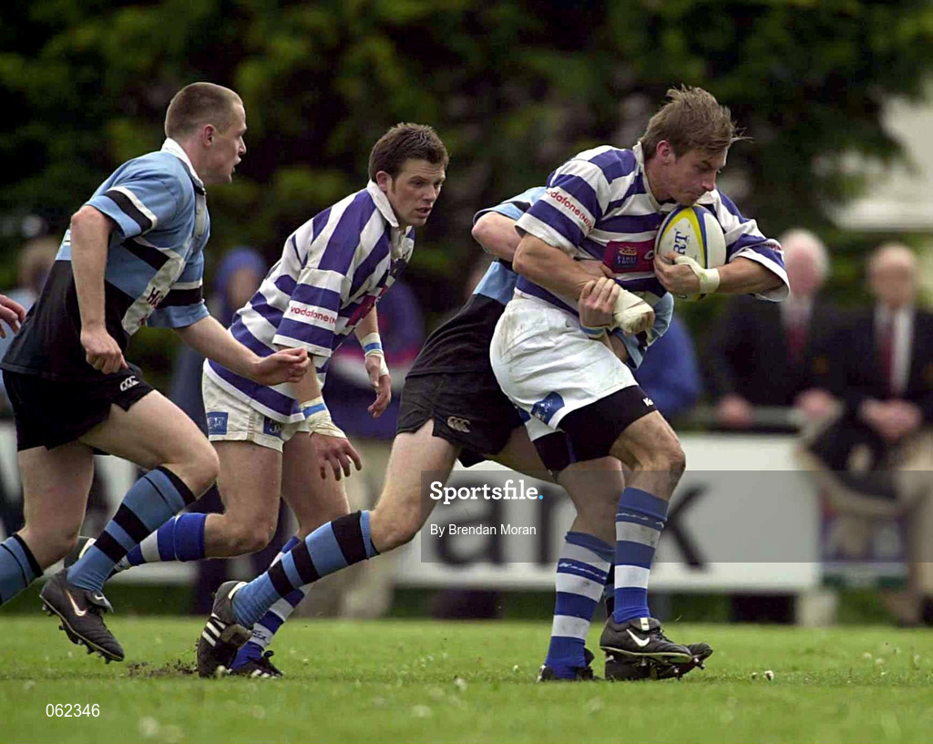19 May 2001; Tyrone Howe of Dungannon is tackled Gavin Duffy of Galwegians during the AIB All-Ireland League Division 1 Semi-Final match between Dungannon RFC and Galwegians RFC at Crowley Park in Glenina, Galway. Photo by Brendan Moran/Sportsfile