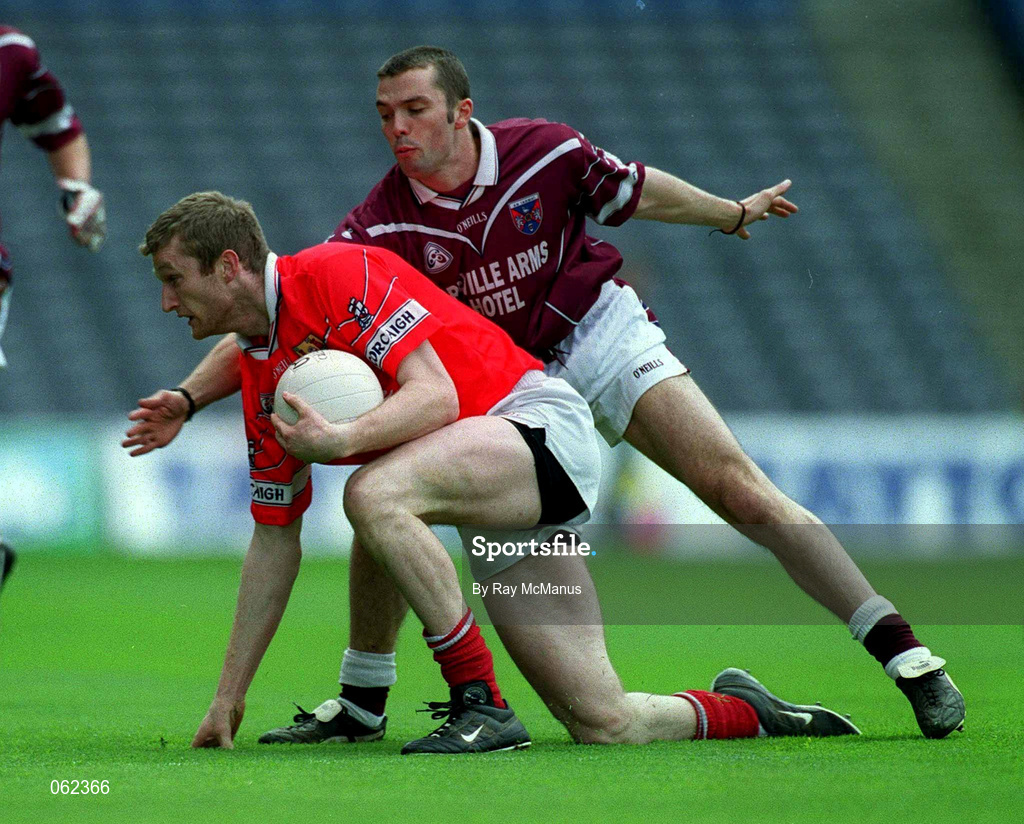 29 April 2001; Nicholas Murphy of Cork is challenged by David O'Shaughnessy of Westmeath during the Allianz GAA National Football League Division 2 Final match between Westmeath and Cork at Croke Park in Dublin. Photo by Ray McManus/Sportsfile