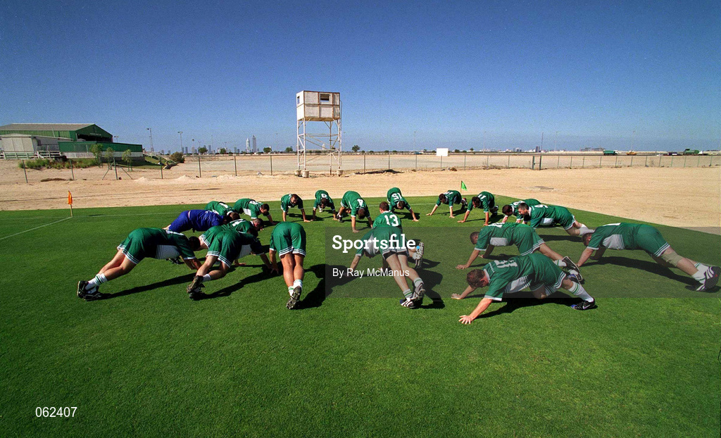 25 January 2001; Dubai Celts warm up prior to a training session at the Dubai Rugby Ground during the Eircell GAA All-Star Tour to Dubai, United Arab Emirates. Photo by Ray McManus/Sportsfile