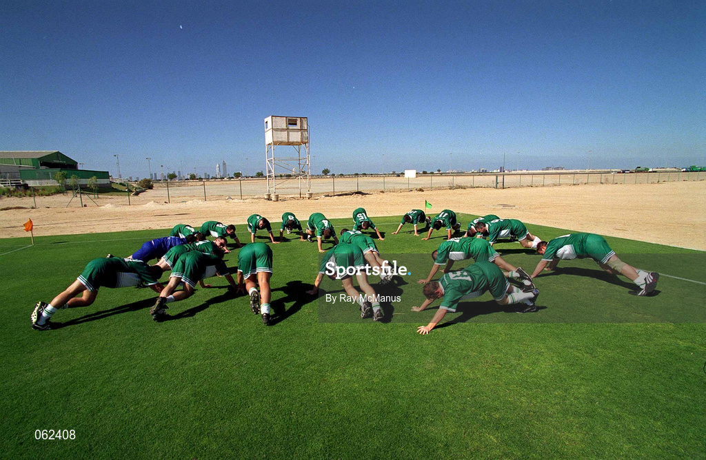 25 January 2001; Dubai Celts warm up prior to a training session at the Dubai Rugby Ground during the Eircell GAA All-Star Tour to Dubai, United Arab Emirates. Photo by Ray McManus/Sportsfile