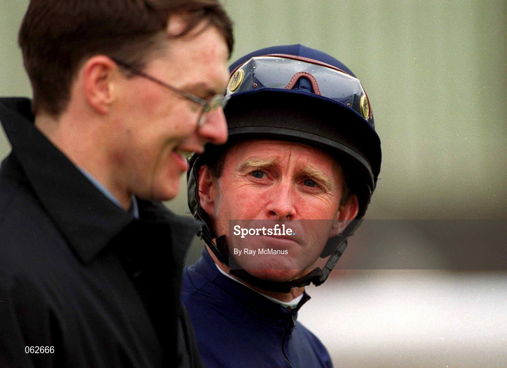 21 April 2001; Jockey Mick Kinane with trainer Aidan O'Brien at The Curragh Racecourse in Kildare. Photo by Ray McManus/Sportsfile