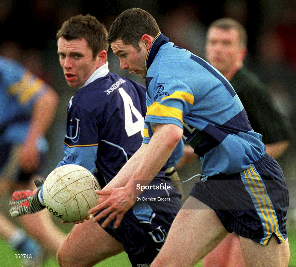 11 April 2001; Noel Meehan of UCD in action against Paul McGurk of UUJ during the Sigerson Cup Final match between UCD and UUJ at Scotstown GAA in Monaghan. Photo by Damien Eagers/Sportsfile