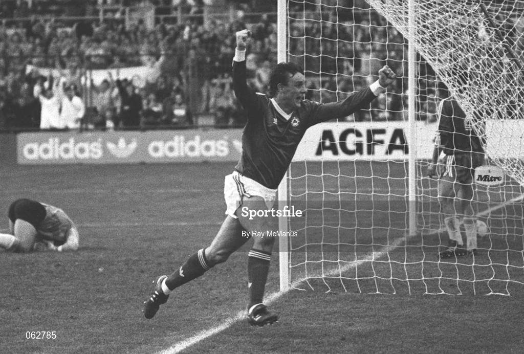 14 October 1987; Kevin Moran of Republic of Ireland celebrates after scoring a goal during the European Championship Qualifier match between Republic of Ireland and Bulgaria at Lansdowne Road in Dublin. Photo by Ray McManus/Sportsfile