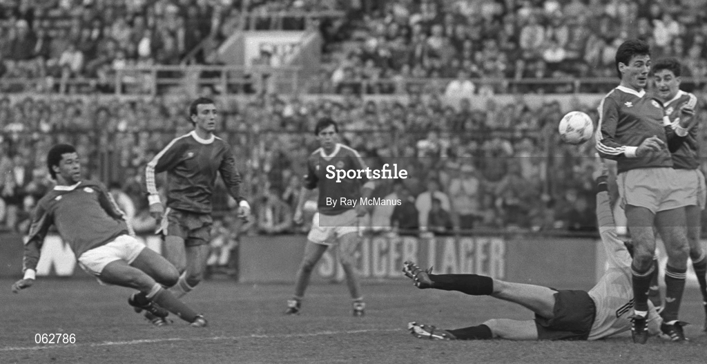 14 October 1987; Paul McGrath, left, of Republic of Ireland scores a goal during the European Championship Qualifier match between Republic of Ireland and Bulgaria at Lansdowne Road in Dublin. Photo by Ray McManus/Sportsfile