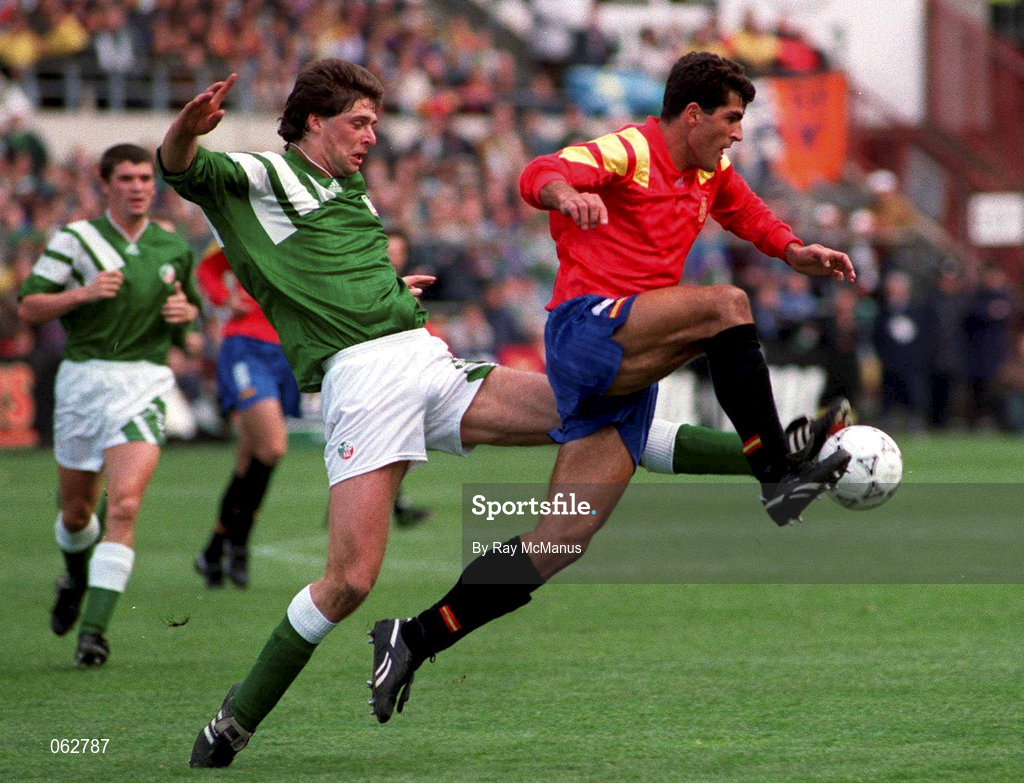 13 October 1993; Niall Quinn of Republic of Ireland in action against Nadal of Spain during the FIFA World Cup Qualifier match between Republic of Ireland and Spain at Lansdowne Road in Dublin. Photo by Ray McManus/Sportsfile