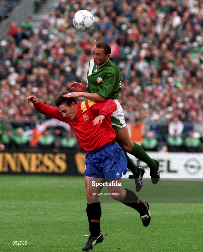 13 October 1993; Terry Phelan of Republic of Ireland in action against Ferrez of Spain during the FIFA World Cup Qualifier match between Republic of Ireland and Spain at Lansdowne Road in Dublin. Photo by Ray McManus/Sportsfile