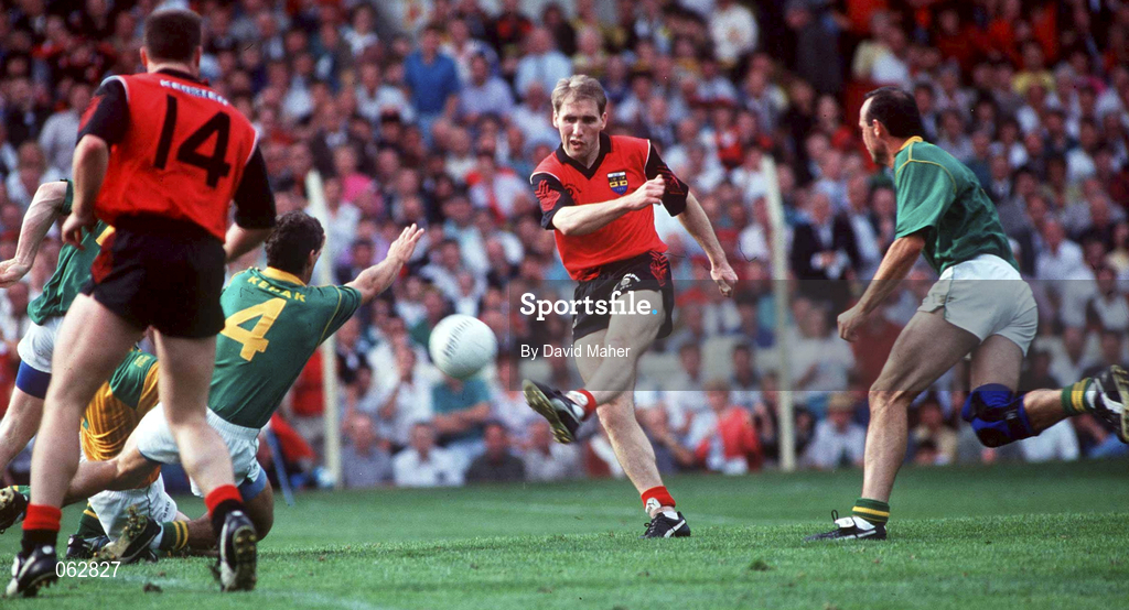 15 September 1991; Mickey Linden of Down in action against Terry Ferguson, 4, and Mick Lyons of Meath during the All-Ireland Senior Football Championship Final between Down and Meath at Croke Park in Dublin. Photo by David Maher/Sportsfile