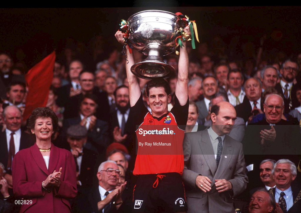 15 September 1991; Down Captain Paddy O'Rourke lifts the Sam Maguire Cup following the All-Ireland Senior Football Championship Final between Down and Meath at Croke Park in Dublin. Photo by Ray McManus/Sportsfile
