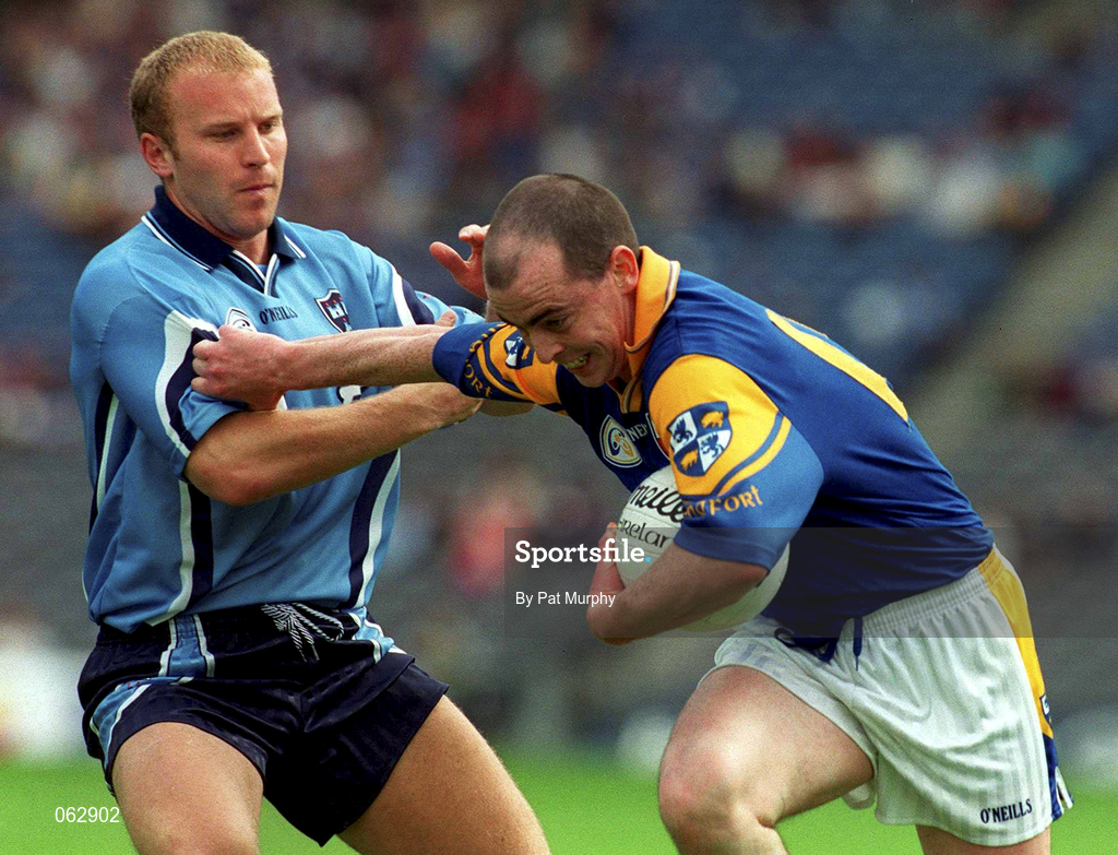 27 May 2001; Padraig Davis of Longford is tackled by Shane Ryan of Dublin during the Bank of Ireland Leinster Senior Football Championship Quarter-Final match between Dublin and Longford at Croke Park in Dublin. Photo by Pat Murphy/Sportsfile