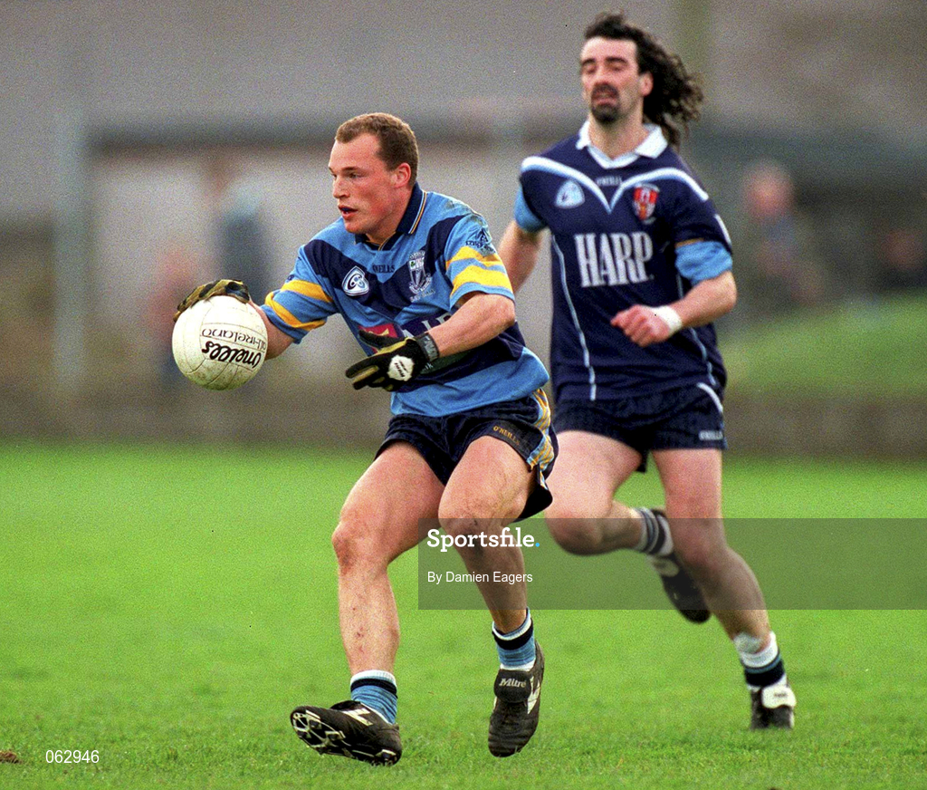 11 April 2001; Brendan O'Hannaidh of UCD in action against Jim McGuinness of UUJ during the Sigerson Cup Final match between UCD and UUJ at Scotstown GAA in Monaghan. Photo by Damien Eagers/Sportsfile