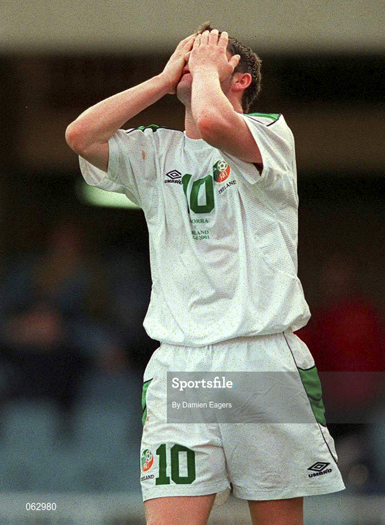 28 March 2001; Robbie Keane of Republic of Ireland reacts after missing a goal chance during the 2002 FIFA World Cup Qualifier match between Andorra and Republic of Ireland at the Mini Estadi in Barcelona, Spain. Photo by Damien Eagers/Sportsfile