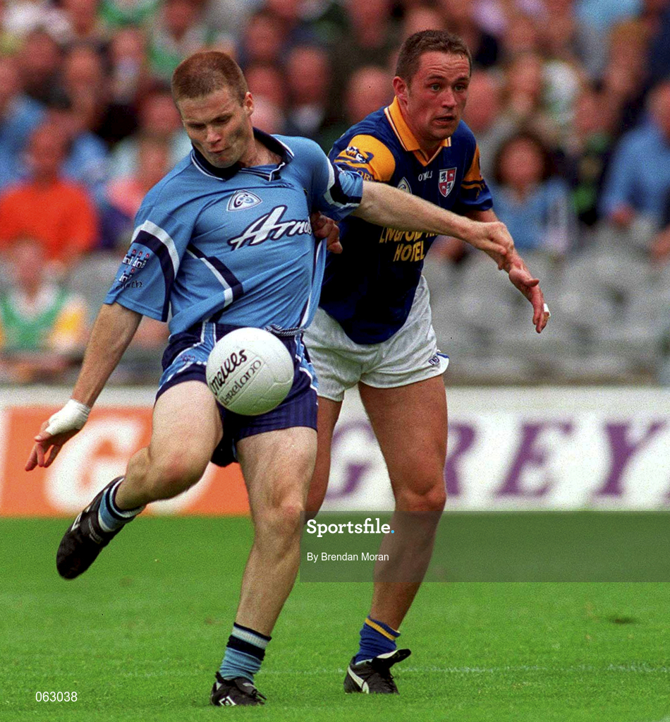 27 May 2001; Dessie Farrell of Dublin is tackled by Ian Browne of Longford during the Bank of Ireland Leinster Senior Football Championship Quarter-Final match between Dublin and Longford at Croke Park in Dublin. Photo by Brendan Moran/Sportsfile