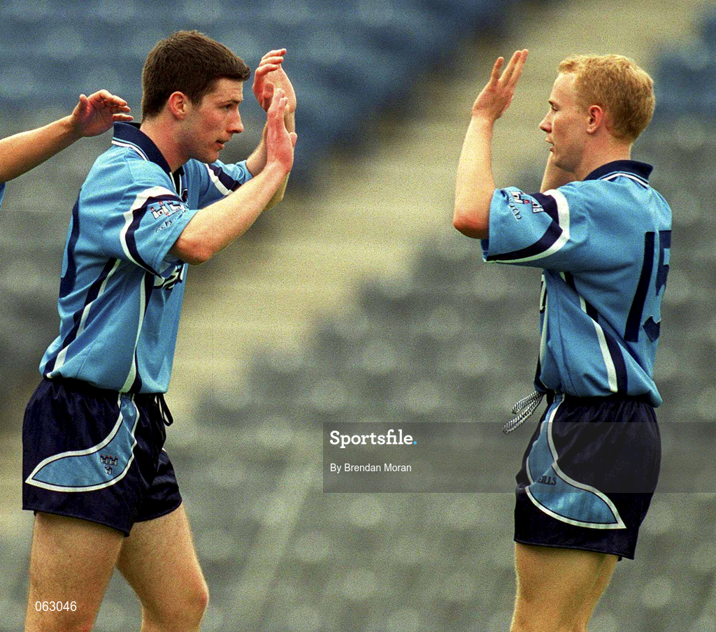27 May 2001; Colin Moran of Dublin, left, celebrates scoring his side's second goal with team-mate Wayne McCarthy during the Bank of Ireland Leinster Senior Football Championship Quarter-Final match between Dublin and Longford at Croke Park in Dublin. Photo by Brendan Moran/Sportsfile