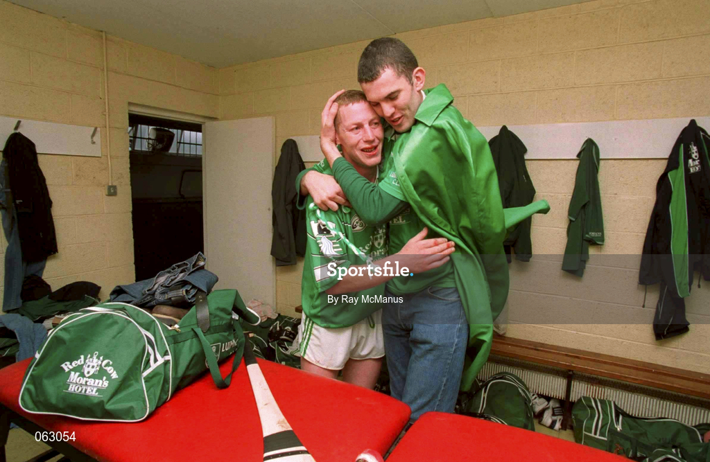 27 May 2001; Ciaran Carey of Limerick is embraced by supporter Eoghan Murphy, from Patrickswell, in the dressing room following the Guinness Munster Senior Hurling Championship Quarter-Final match between Cork and Limerick at Páirc Uí Chaoimh in Cork. Photo by Ray McManus/Sportsfile