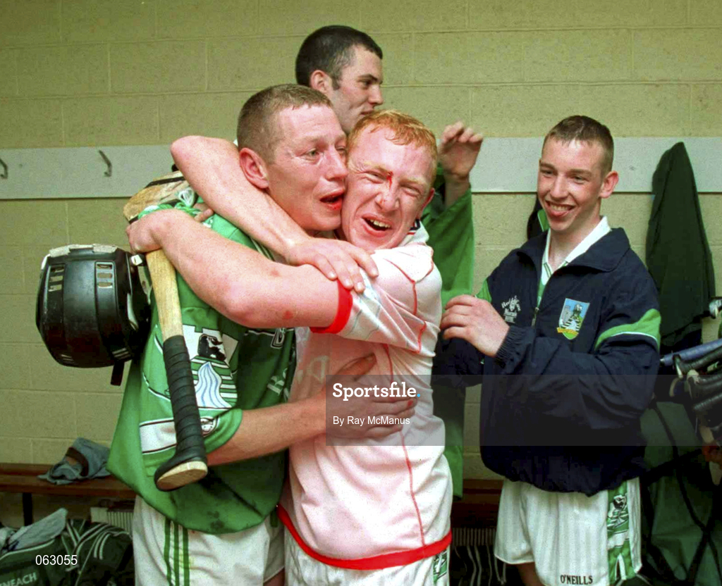27 May 2001; Ciaran Carey of Limerick is embraced by team-mate James Butler in the dressing room following the Guinness Munster Senior Hurling Championship Quarter-Final match between Cork and Limerick at Páirc Uí Chaoimh in Cork. Photo by Ray McManus/Sportsfile