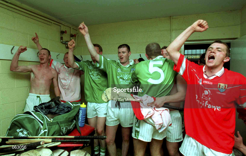 27 May 2001; Limerick players celebrate in the dressing room following the Guinness Munster Senior Hurling Championship Quarter-Final match between Cork and Limerick at Páirc Uí Chaoimh in Cork. Photo by Ray McManus/Sportsfile